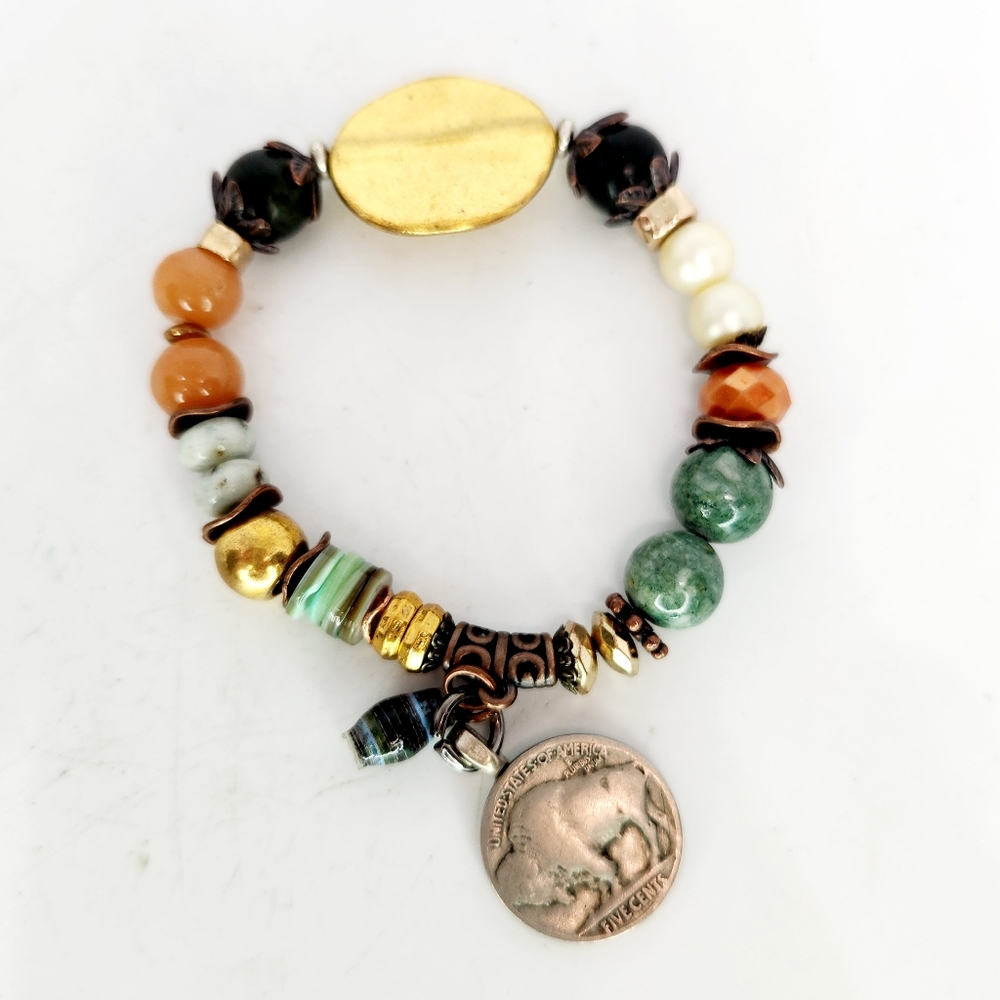 Vintage Gold Tone & Stone Beads Charm Bracelet Indian Head Buffalo Nickel